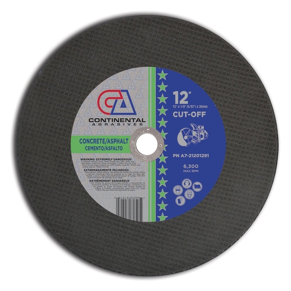 Continental Abrasives 12" x 1/8" (5/32) x 20mm Triple Reinforced Masonry High Speed Gas or Electric Abrasive Saw Blade A7-21201291 - main